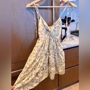 Pastel Yellow Floral Print Sundress with Tie-straps